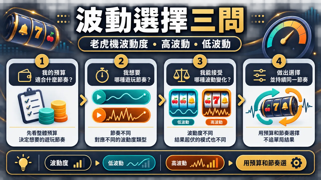 老虎機波動度的波動選擇三問示意圖