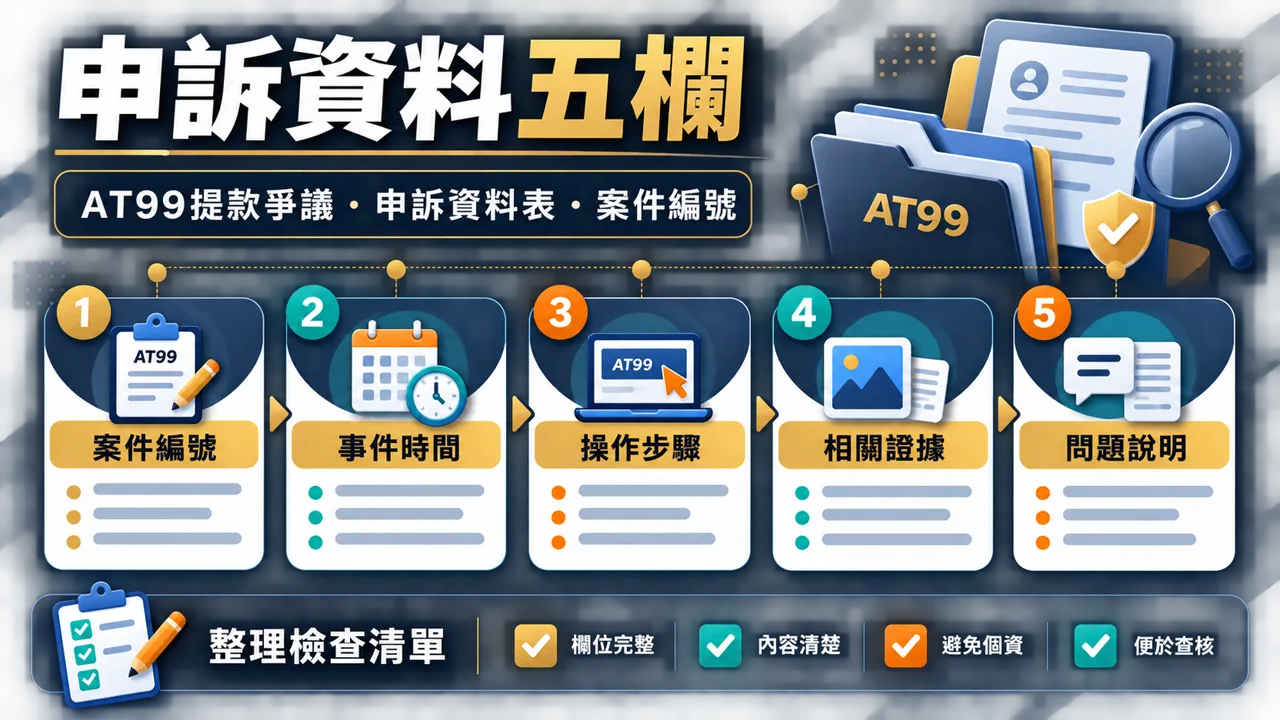 AT99提款爭議的申訴資料五欄示意圖