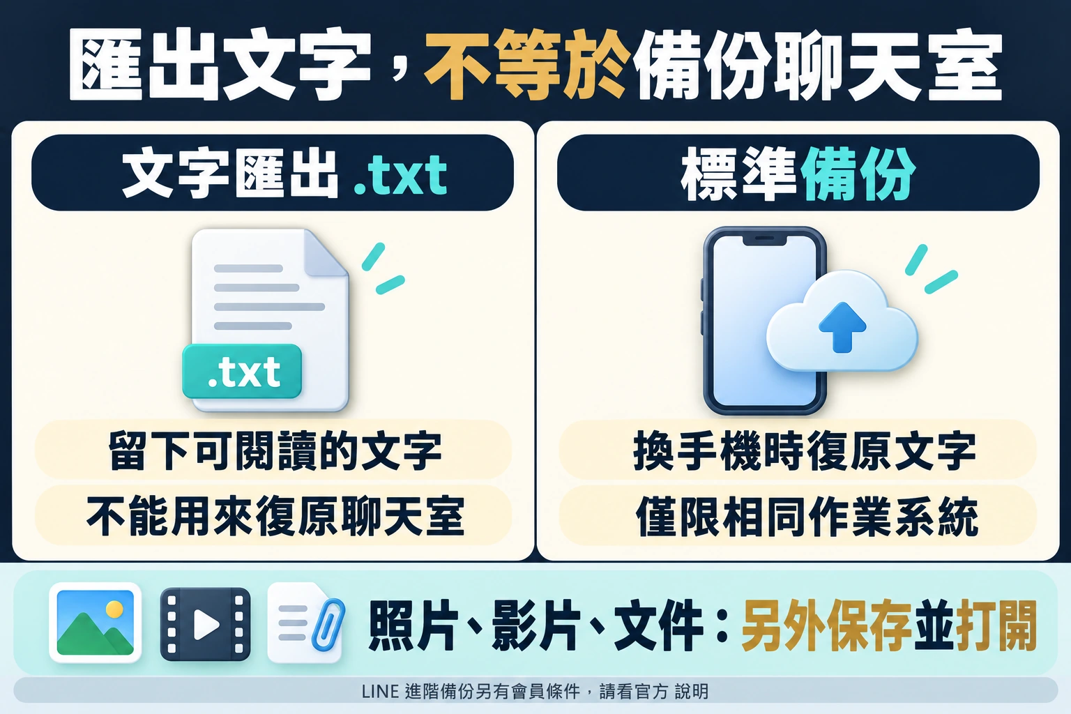 LINE文字匯出與標準備份的差異:文字檔不能復原聊天室,照片影片文件另存