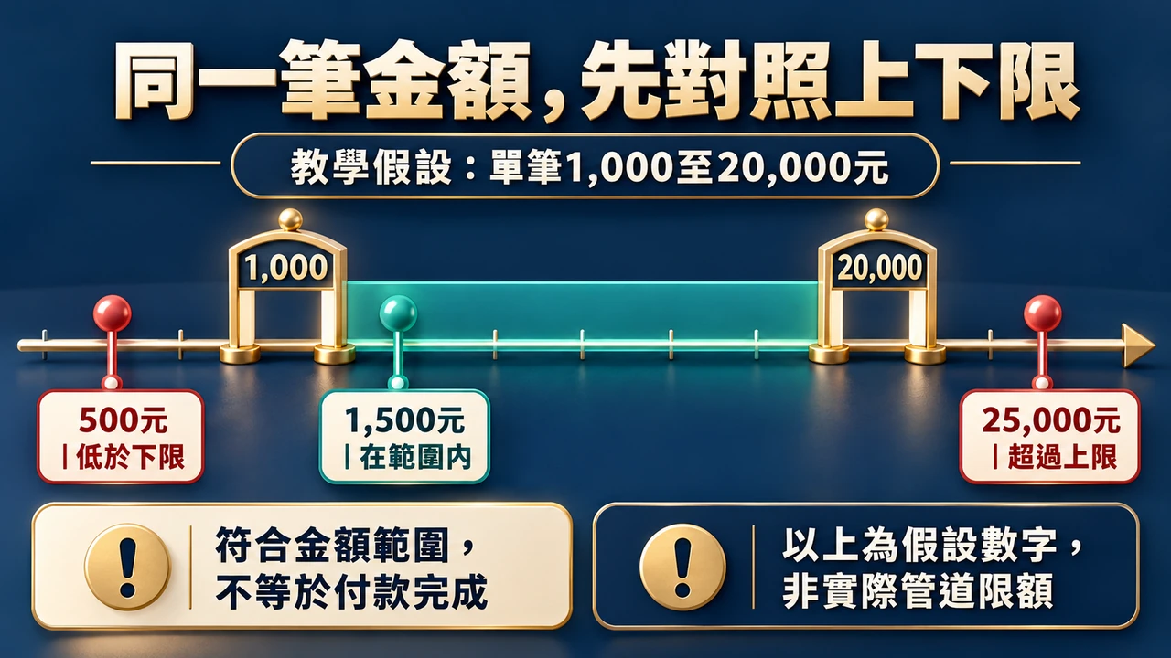 假設管道單筆範圍為1000至20000元，500低於下限、1500在範圍內、25000超過上限；數字僅供教學