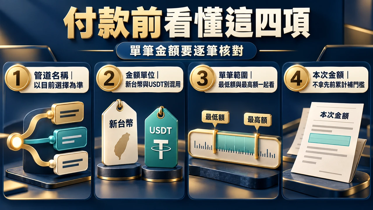 先核對管道與金額單位，再看單筆上下限，最後確認本次金額；先前存款累計不能代替本次限額
