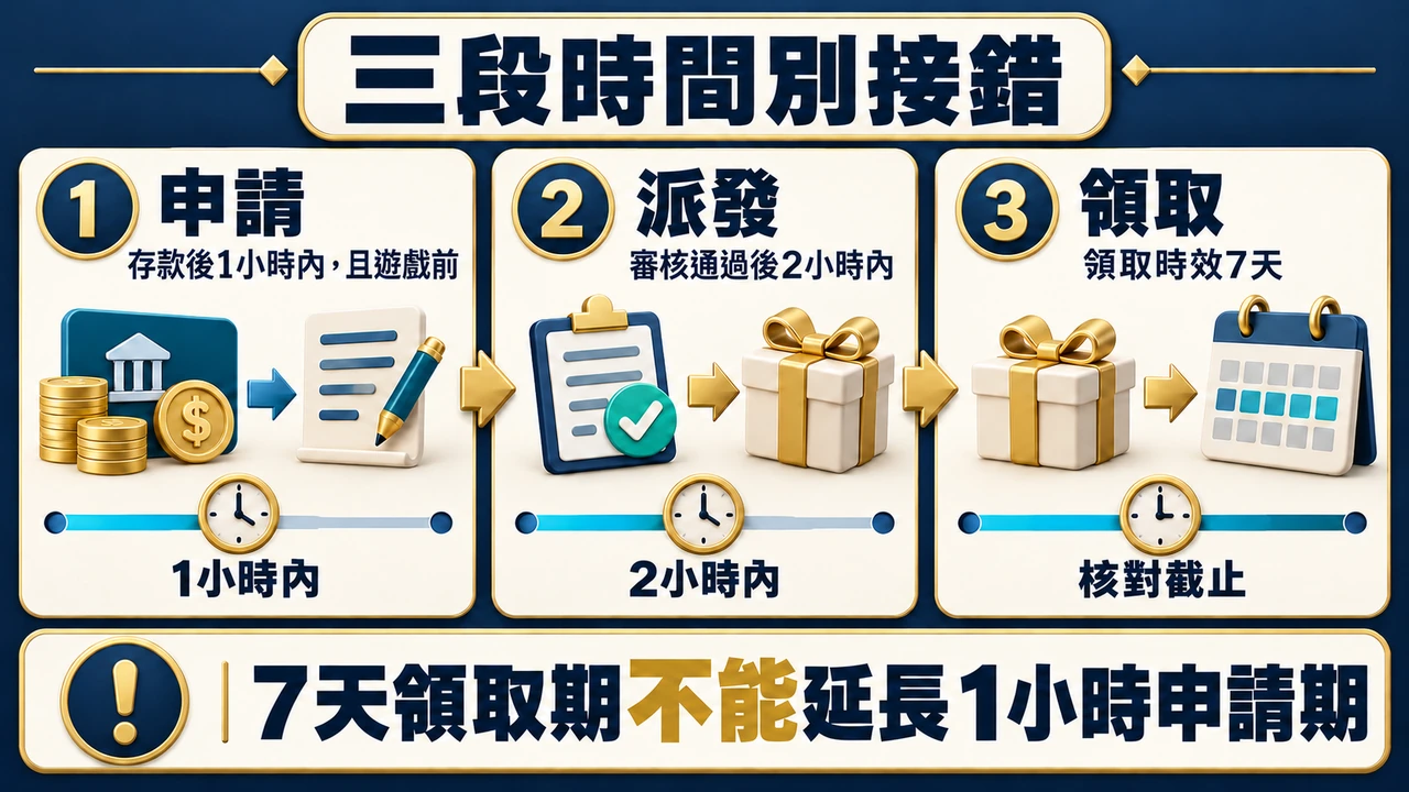 首存優惠三段時限：存款後1小時內且遊戲前申請；審核通過後2小時內派發；領取時效7天，精確截止另核對