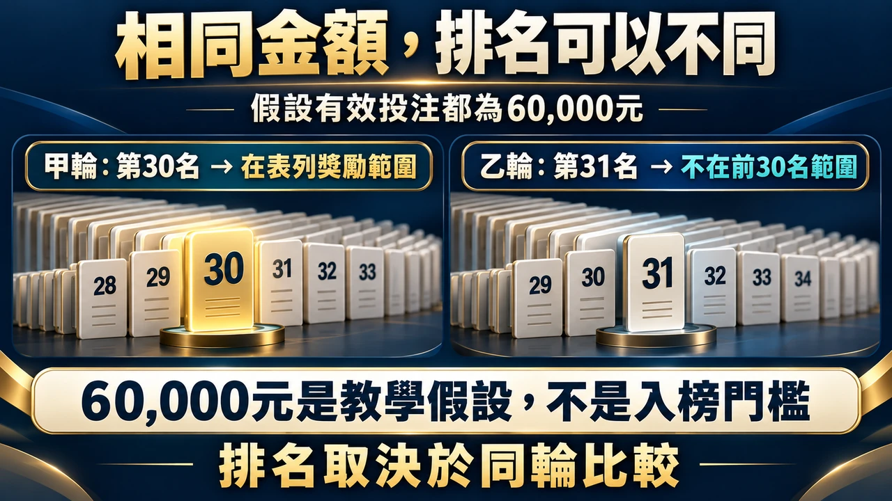 假設會員有效投注維持60,000元，原為第30名；另一人以65,000元超前，在其他名次不變下變第31名。自己的數字沒減少，名次仍可變動