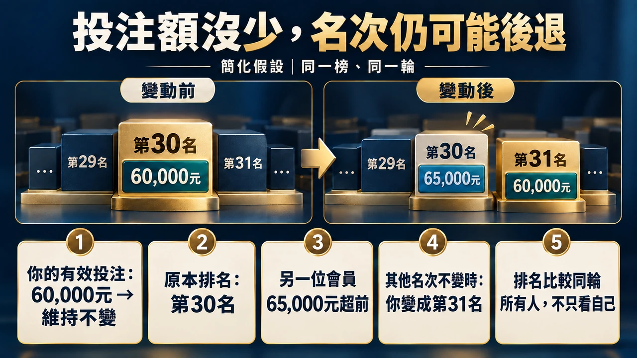 假設同為60,000元有效投注，某輪第30名在獎勵範圍，另一輪第31名不在；入榜取決於同輪排名，不是固定金額