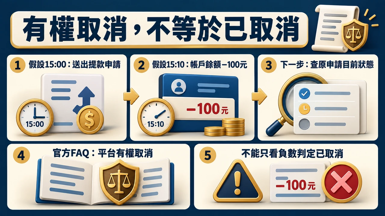 假設15點送出申請，15點10分餘額負100元，15點20分需另查原單狀態；負餘額本身不等於已取消