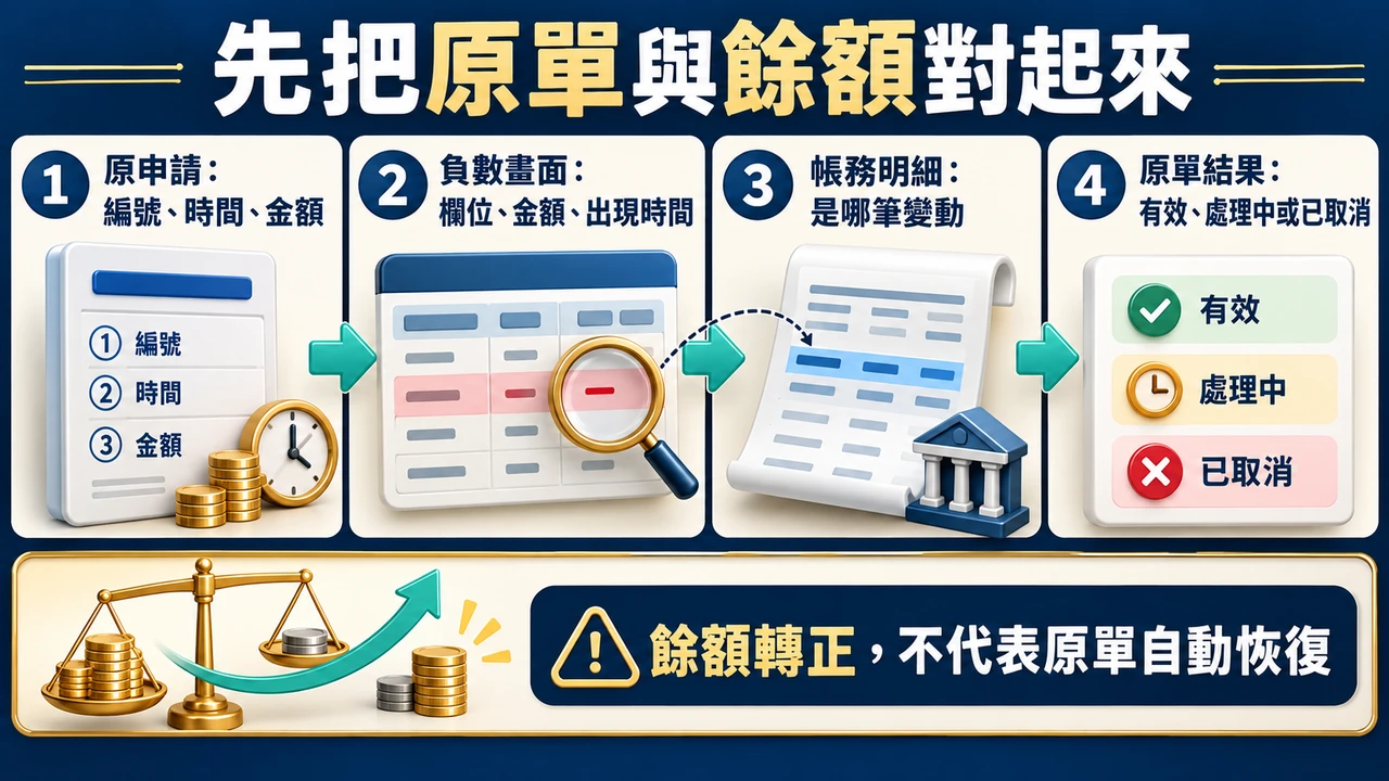 查詢原單需要四項：原申請編號與金額、負數出現時間與欄位、帳務變動明細、目前處理狀態；不以補款猜測解決