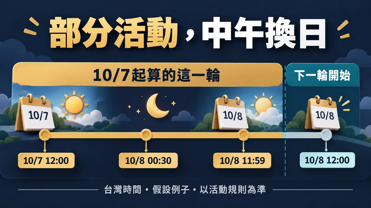 假設活動日從10月7日中午延續到10月8日11:59，凌晨00:30仍在同一輪，12:00才換下一輪