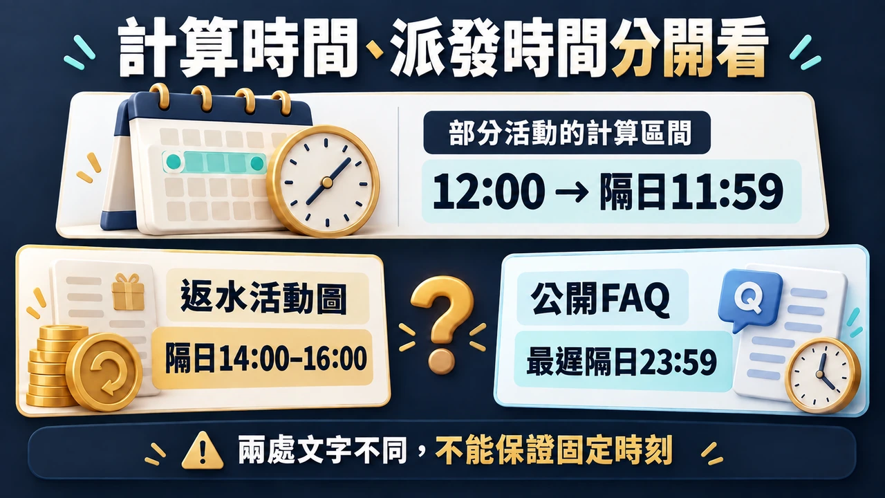 計算區間與派發時間分開：返水活動圖寫隔日14至16點，FAQ寫最遲隔日23:59，不能保證固定時刻