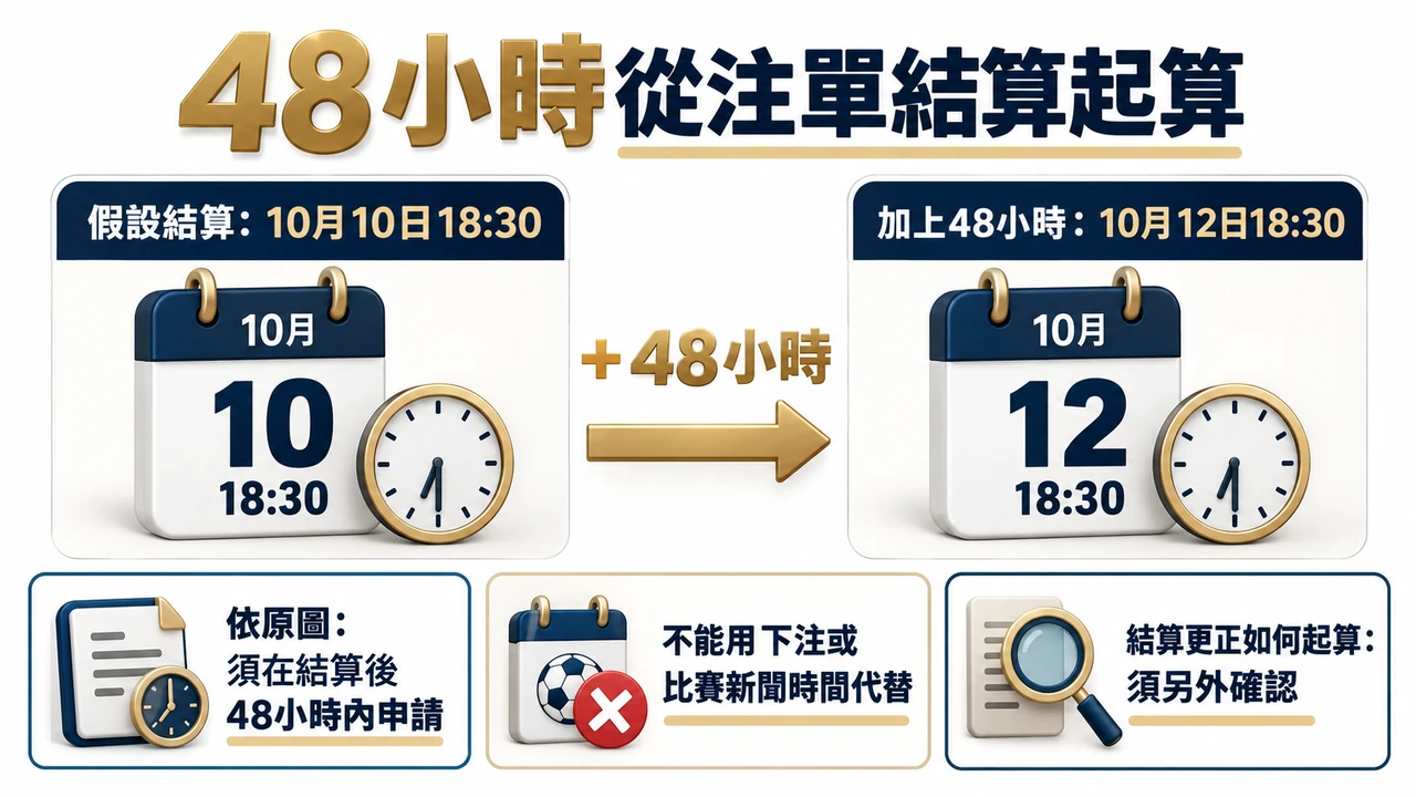 假設注單10月10日18點30分結算，48小時對應10月12日18點30分；不是下注時間，也不是比賽新聞發布時間