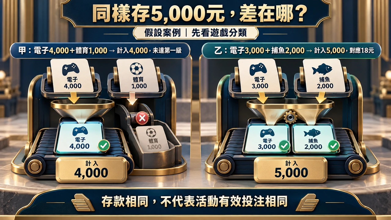 兩人同樣存5,000元：甲電子4,000加體育1,000，只能計入4,000，未達第一級；乙電子3,000加捕魚2,000，計入5,000，對應18元