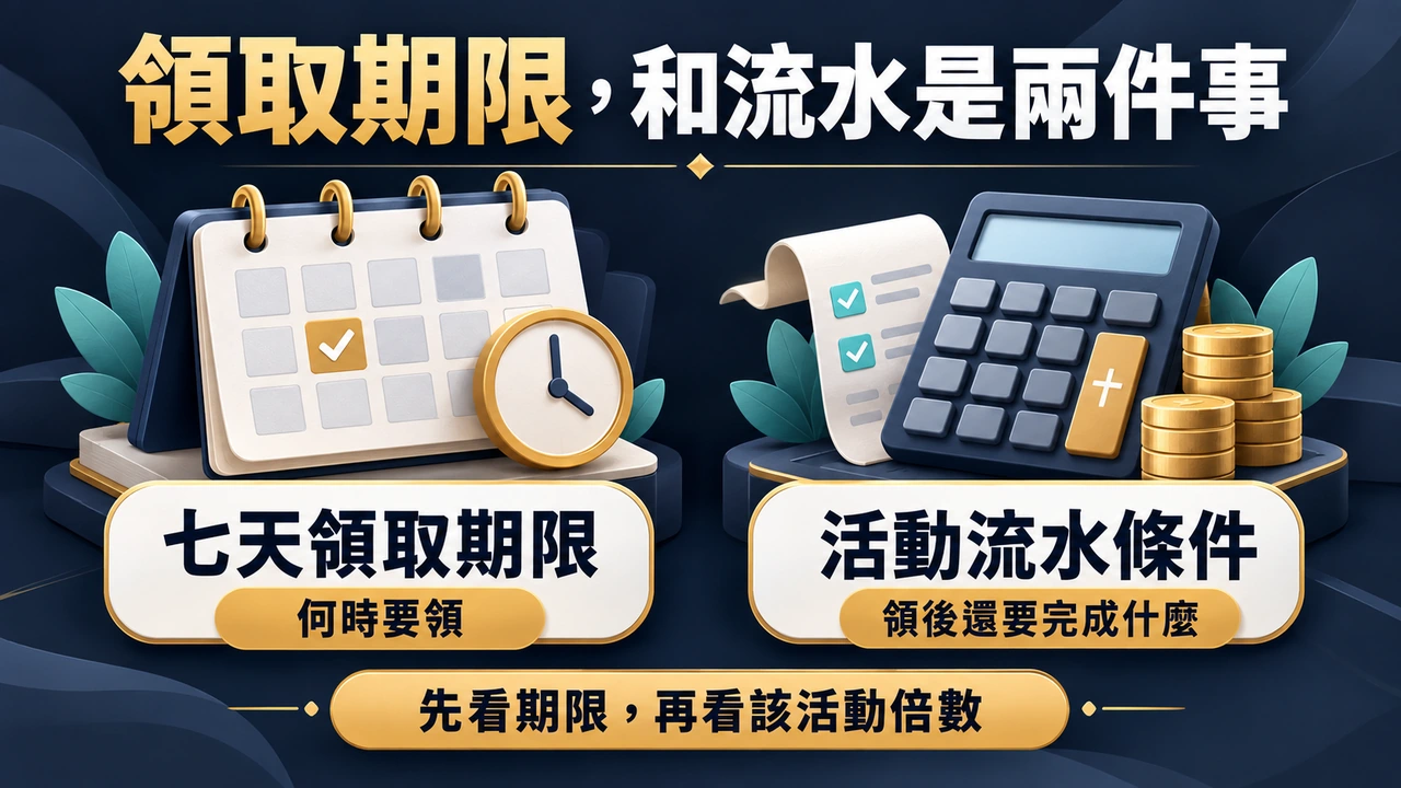 七天領取期限決定何時要領；活動流水決定領後還要完成什麼，兩者不可互換