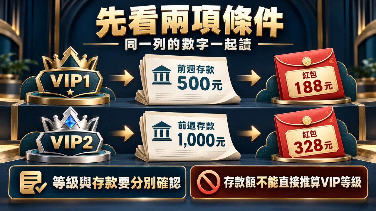 VIP等級與前週存款是兩項條件；VIP1為500元對應188元、VIP2為1,000元對應328元，不能用存款額直接推算等級