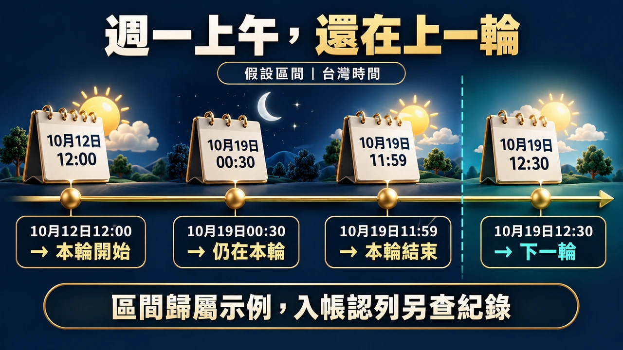 假設週區間10月12日12:00至10月19日11:59；10月19日00:30仍在同輪，12:30屬下一輪
