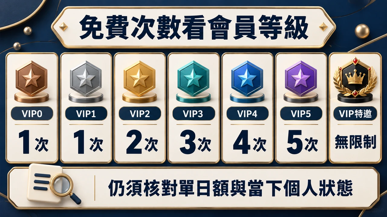 VIP0與VIP1各1次，VIP2至VIP5依序2、3、4、5次，特邀無限制；免費次數仍須連同單日額與個人狀態確認