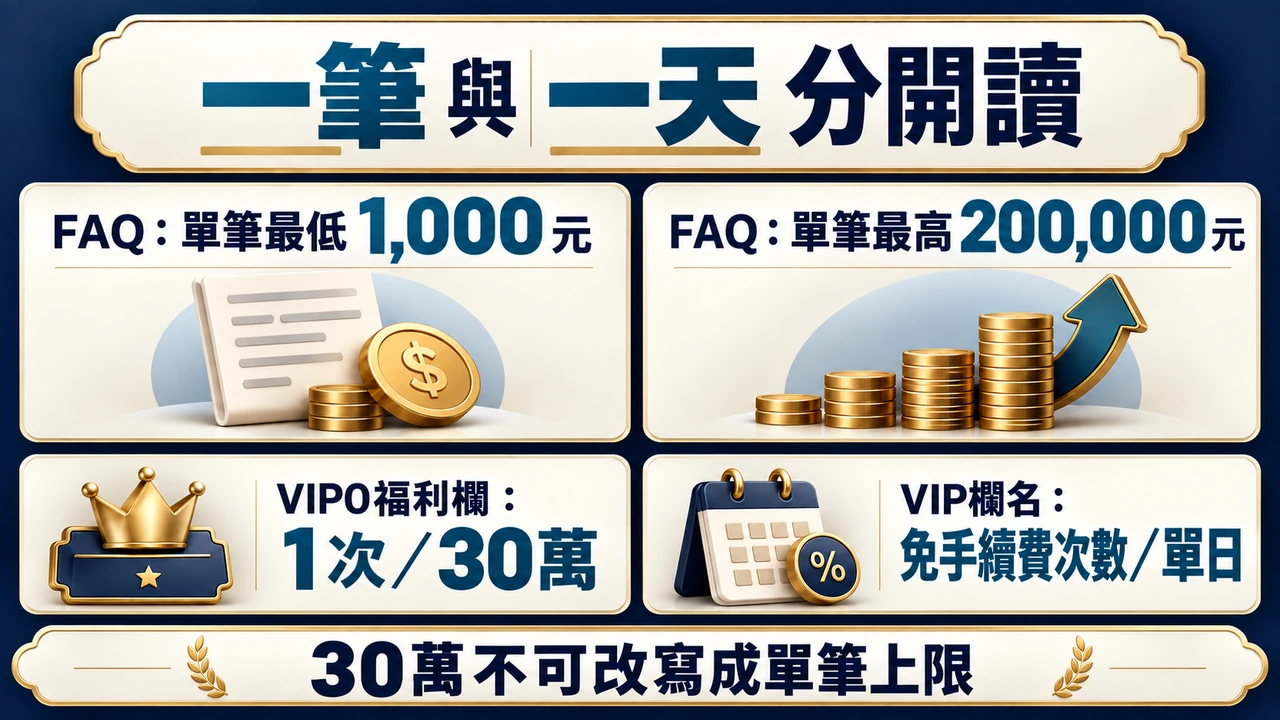 FAQ單筆最高20萬元與VIP0表列1次／30萬屬不同欄位，不能把30萬當成單筆上限